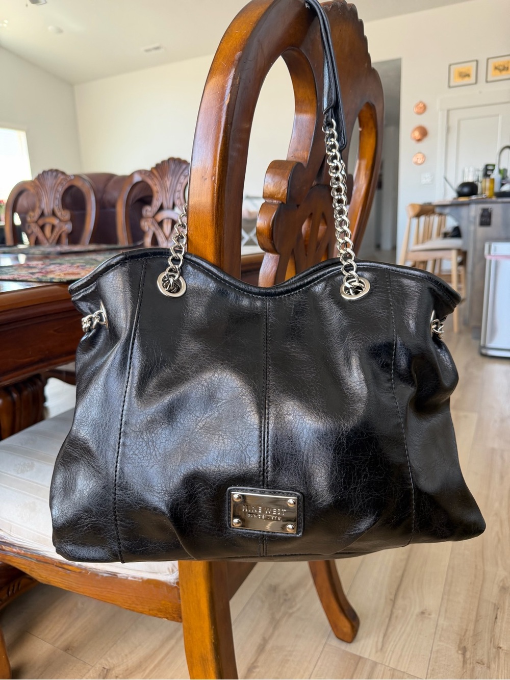 Nine West Black Leather Shoulder Bag with Silver Chain Handles